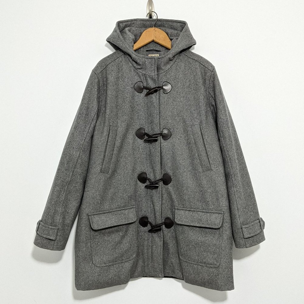 Womens XL Wool Pea Coat, Toggle Buttons, Charcoal Gray Hooded Long Jacket, XL